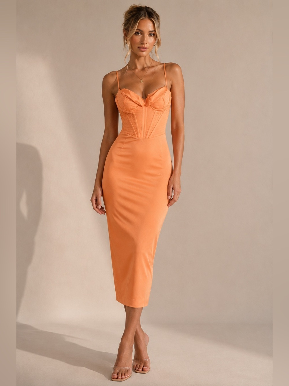 House of CB Corset Midi Dress Peach Orange Bodycon Size S